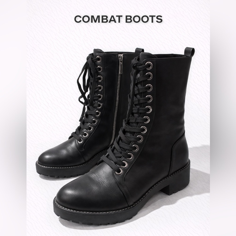 ZARA Black Combat Moto Boots Women’s Size 7 | Lace-Up Side Zip Lug Sole
